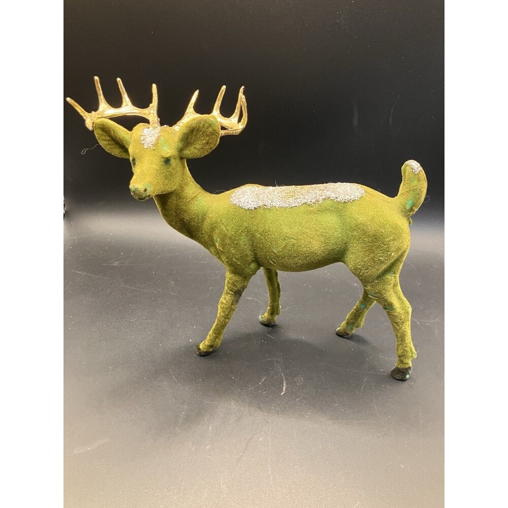 Vintage Green Reindeer Flocked Deer Christmas MCM 6” Decor Sparkly